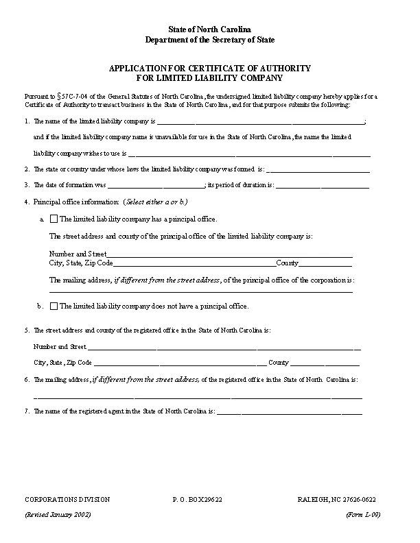 North Carolina Certificate Of Authority