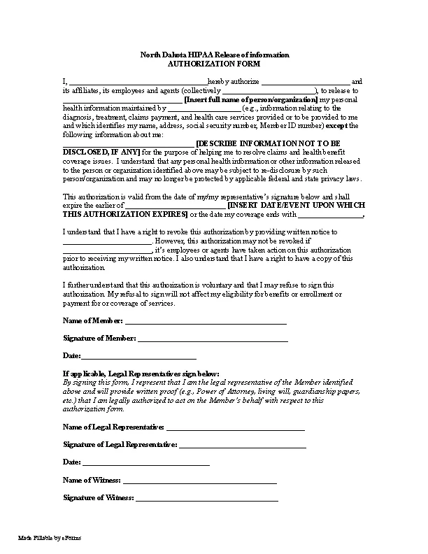 North Dakota Hipaa Medical Release Form