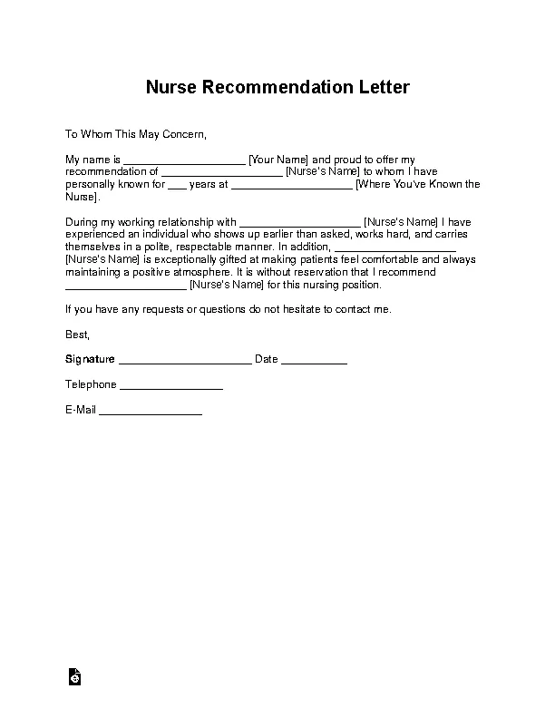 Nurse Recommendation Letter Template
