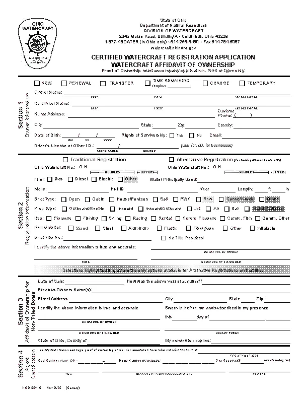 Ohio Certified Watercraft Registration Application Dnr8460