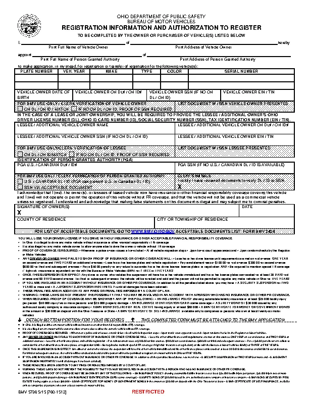 Ohio Registration Information And Authorization To Register Bmv5736