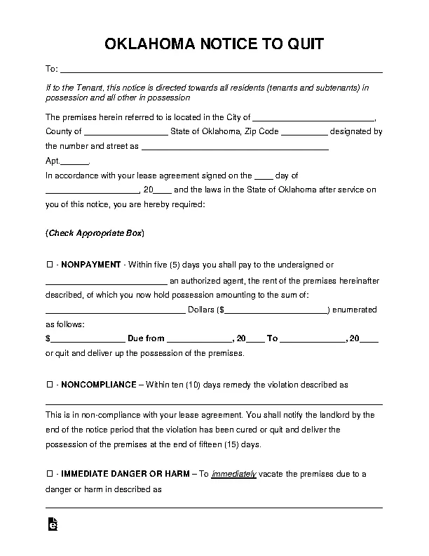 Oklahoma Eviction Notice To Quit Form