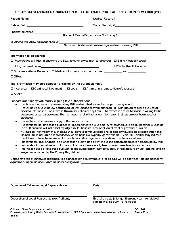 Oklahoma Hipaa Medical Release Form
