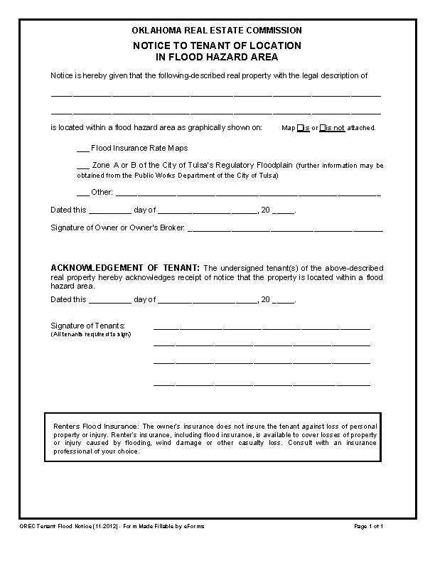 Oklahoma Notice Of Flood Zone Form - Pdfsimpli