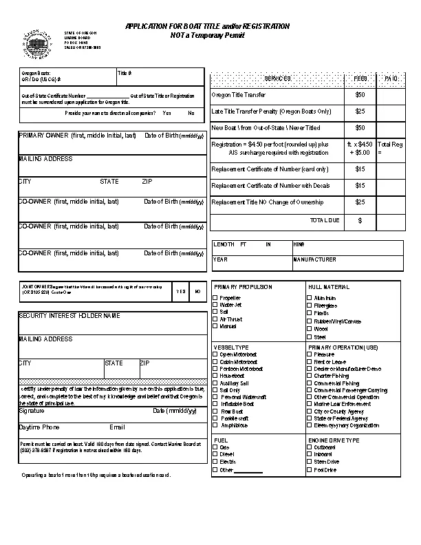 Oregon Application for Boat Title Registration 250 R07 - PDFSimpli