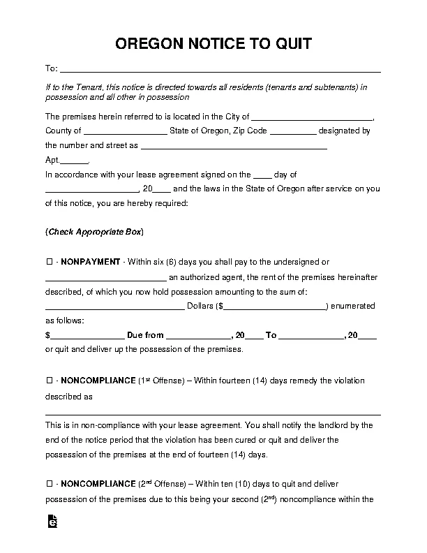 Oregon Eviction Notice To Quit Form