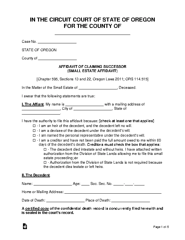 Oregon Small Estate Affidavit Form Pdfsimpli 0293