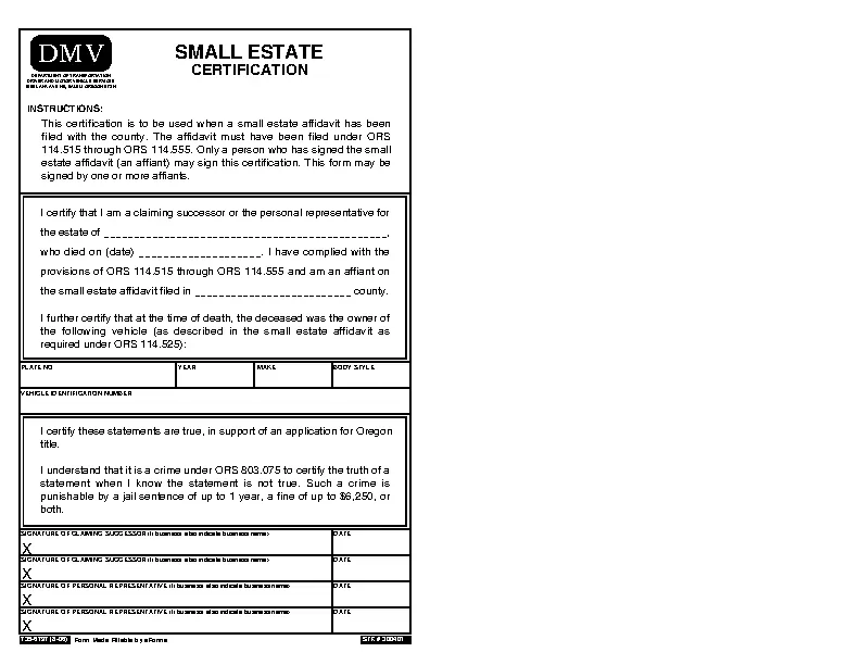 Oregon Vehicle Small Estate Affidavit Form 6797