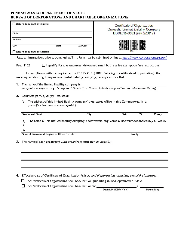 Pennsylvania Certificate Of Organization