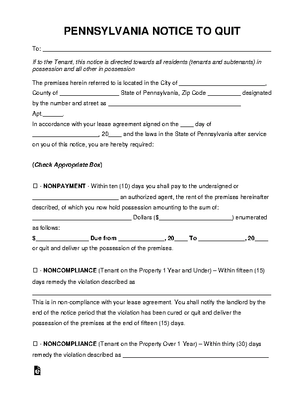 Pennsylvania Eviction Notice To Quit Form