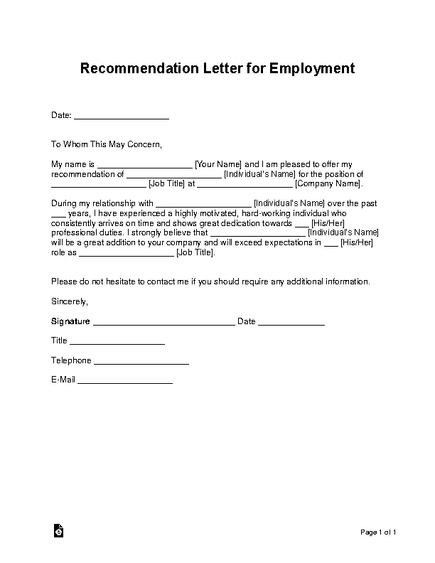 Recommendation Letter For Employment
