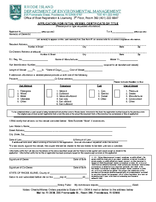 Rhode Island Application For Initial Vessel Certificate Of Title