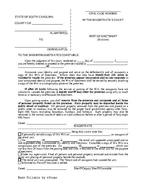 South Carolina Writ of Ejectment - PDFSimpli