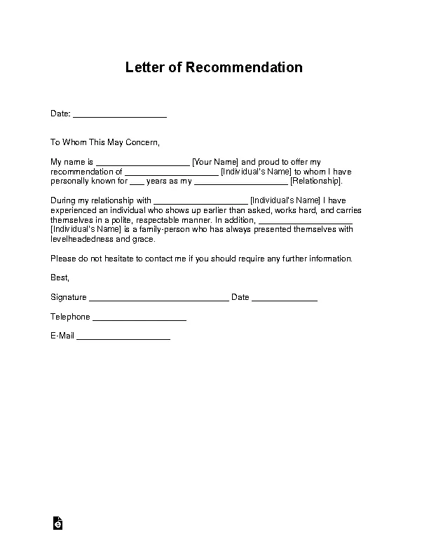 Standard Letter Of Recommendation For Employment