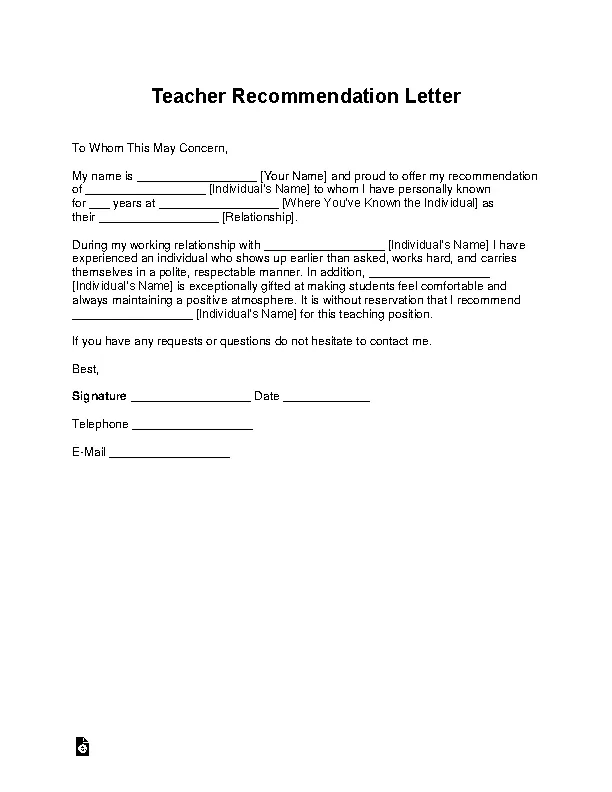 Teacher Recommendation Letter Template