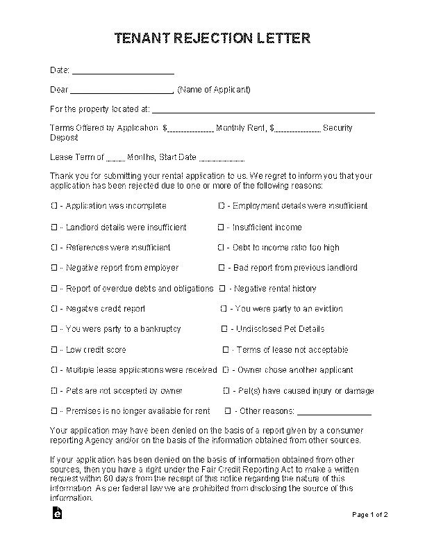 Tenant Application Rejection Letter Form