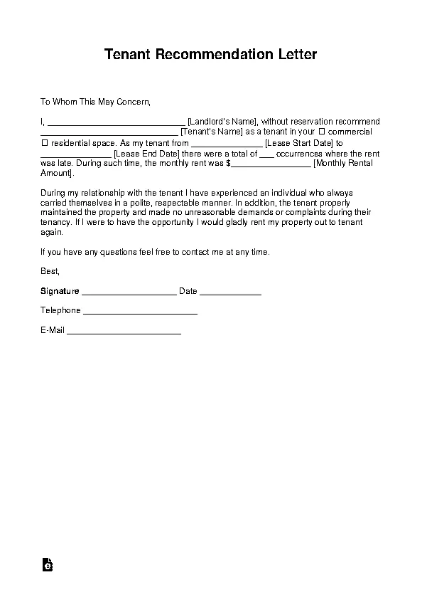 Tenant Recommendation Letter Template