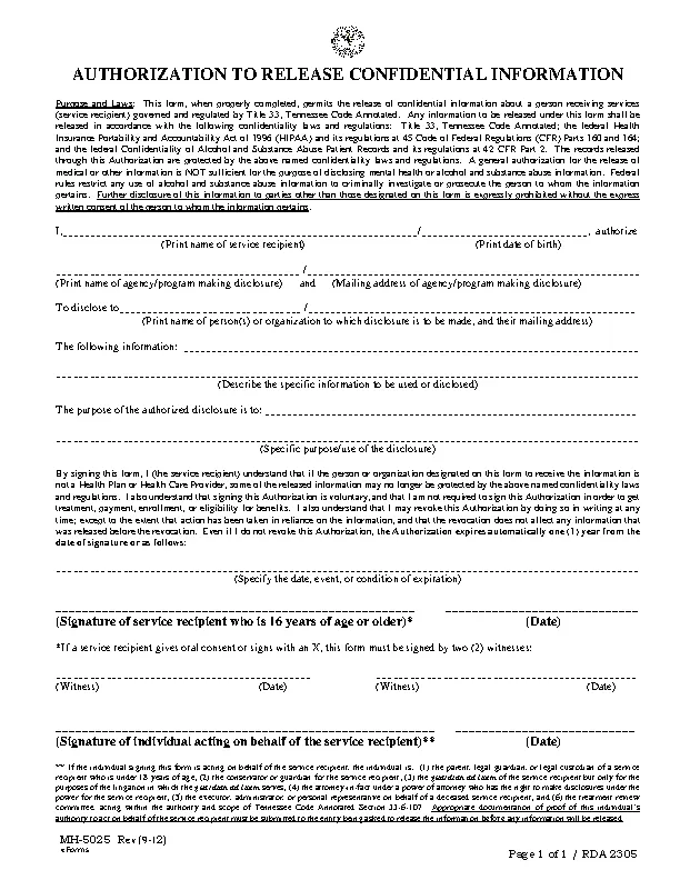 Tennessee Hipaa Medical Release Form