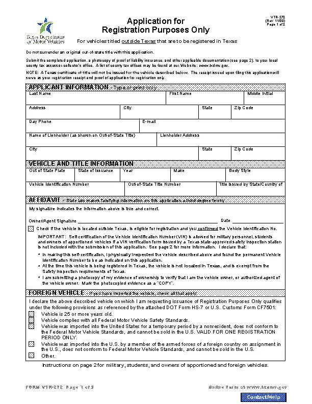 Texas Application For Registration Purposes Only Vtr 272