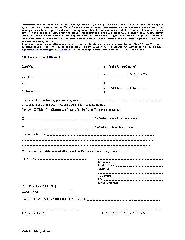 Texas Eviction Military Affidavit Form