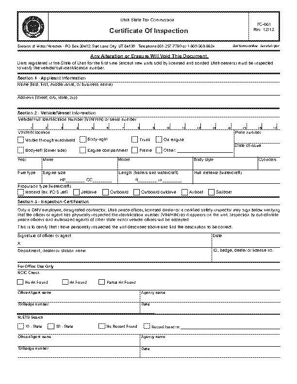 Utah Certificate Of Inspection Tc 661