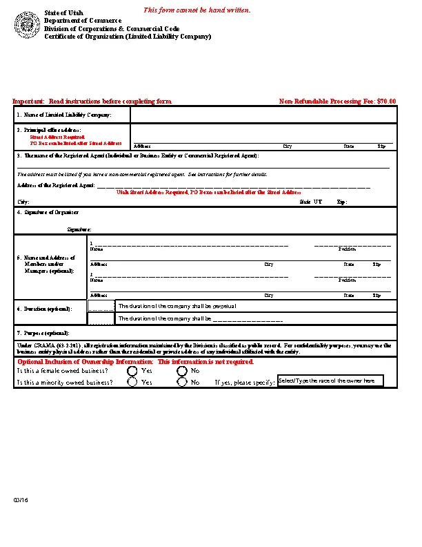 Utah Domestic Certificate Of Organization