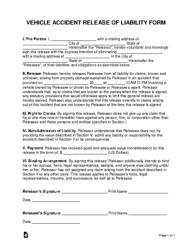 Vehicle Accident Release Of Liability Form
