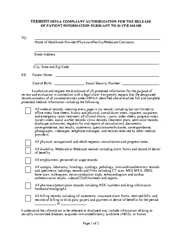Vermont Hipaa Medical Release Form