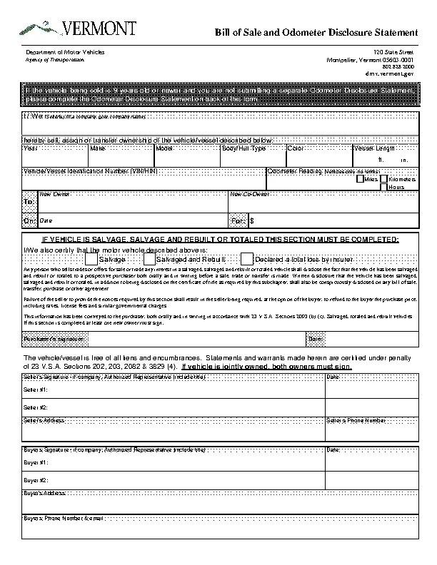 Vermont Motor Vehicle Bill Of Sale Form Vt 005