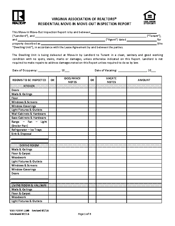 Virginia Move In Checklist Lease Agreement