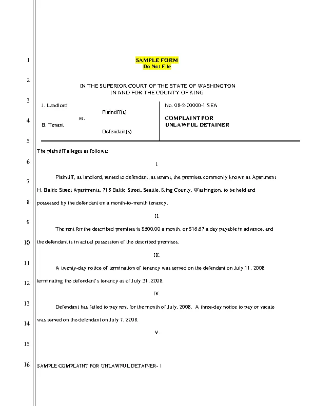 Washington State Eviction Complaint For Unlawful Detainer Sample