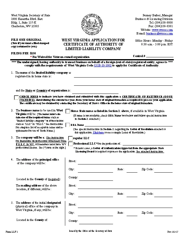 West Virginia Certificate Of Organization