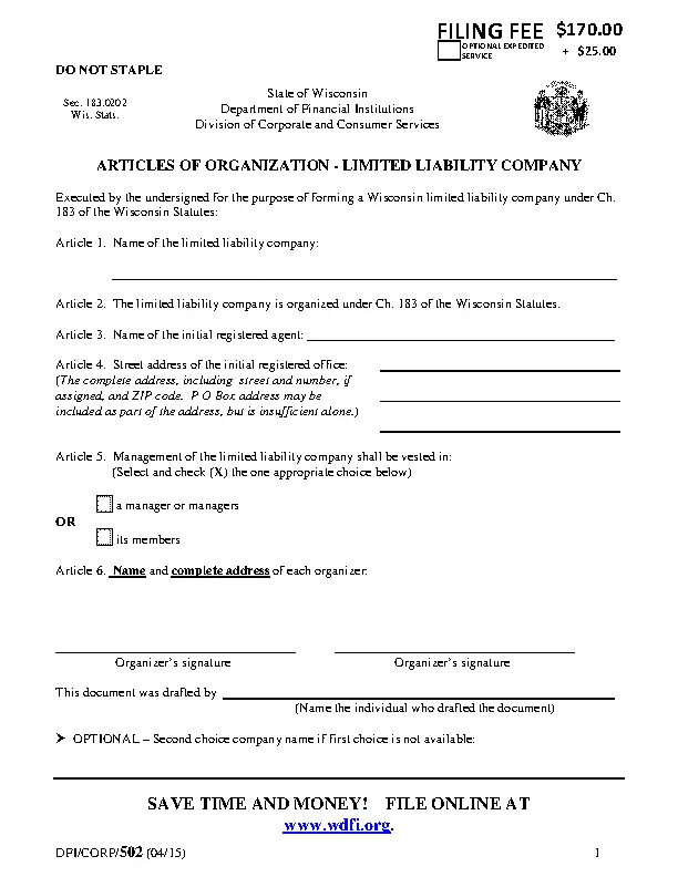 Wisconsin Articles Of Organization