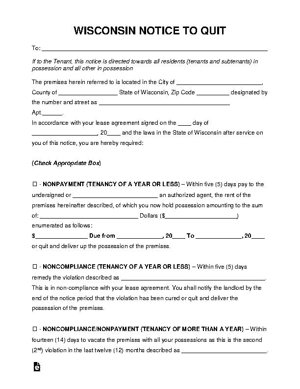 Wisconsin Eviction Notice To Quit Form