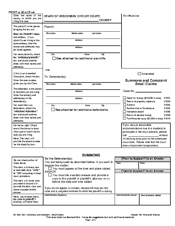 Wisconsin Summons And Complaint Form
