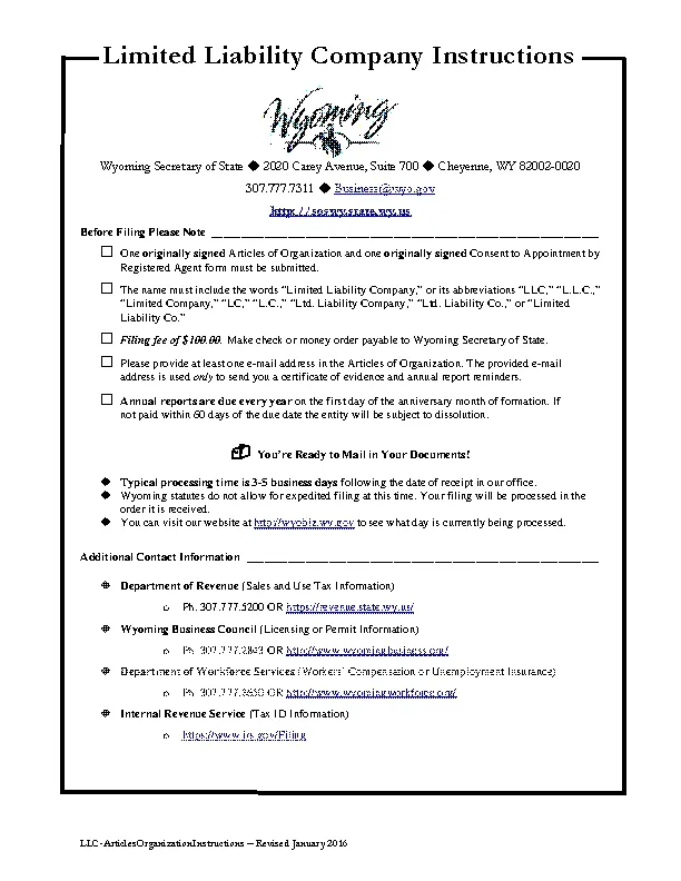 Wyoming Domestic Articles Of Organization