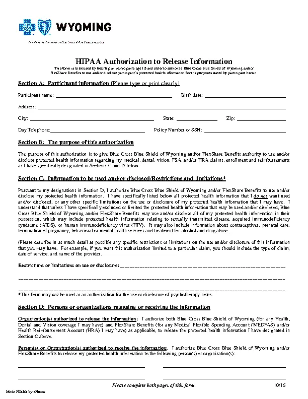 Wyoming Hipaa Medical Release Form