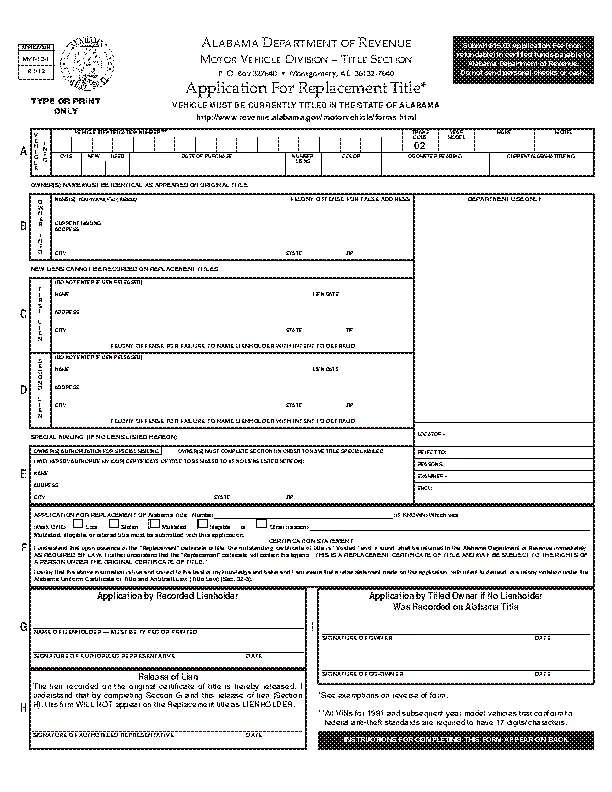 Alabama Application For Replacement Of Title Form Mvt12 1