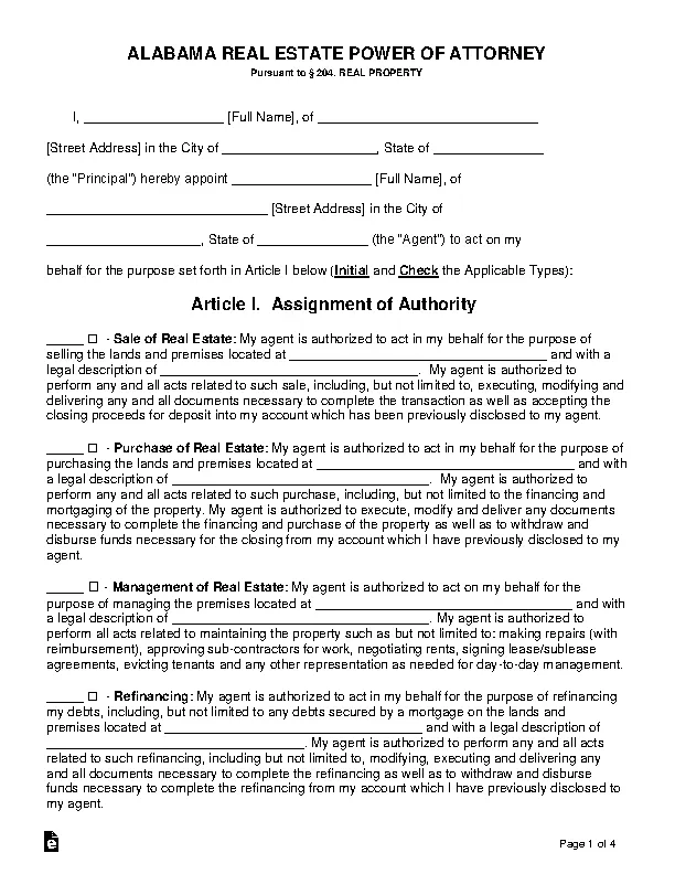 Alabama Real Estate Power Of Attorney Form