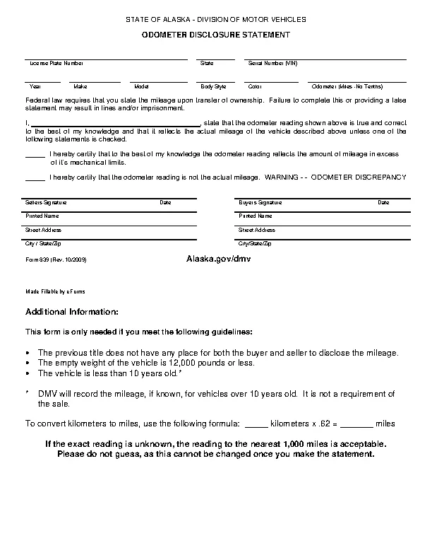 alaska odometer dislcosure statement form 839 - PDFSimpli