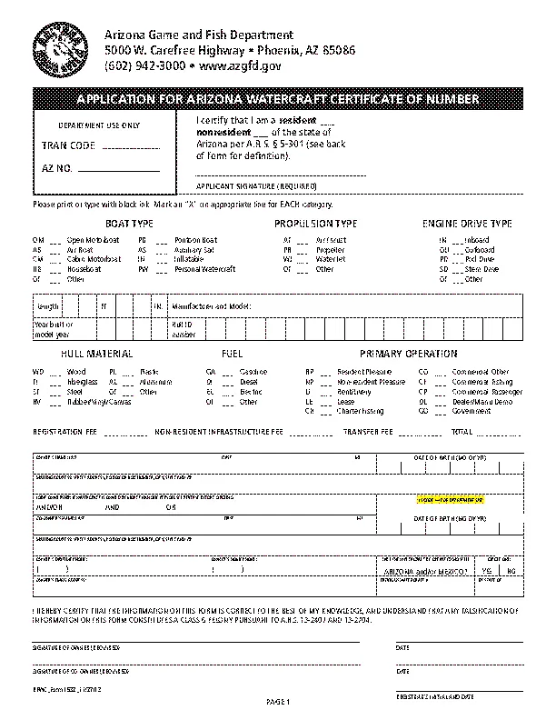 Application For Arizona Watercraft Certificate Of Number