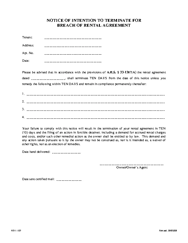 Arizona 10 Day Notice To Quit Noncompliance Form