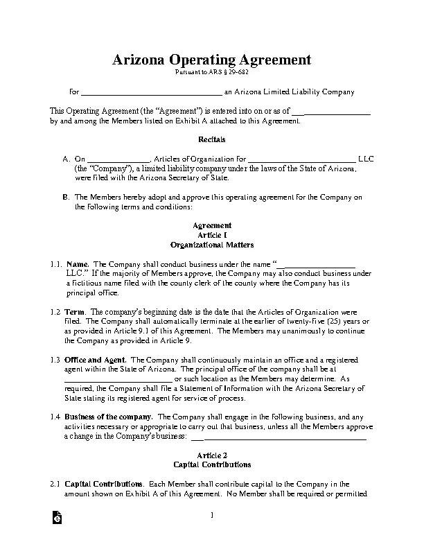 Arizona Llc Operating Agreement Form