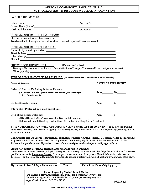 Arizona Medical Records Release Form 2