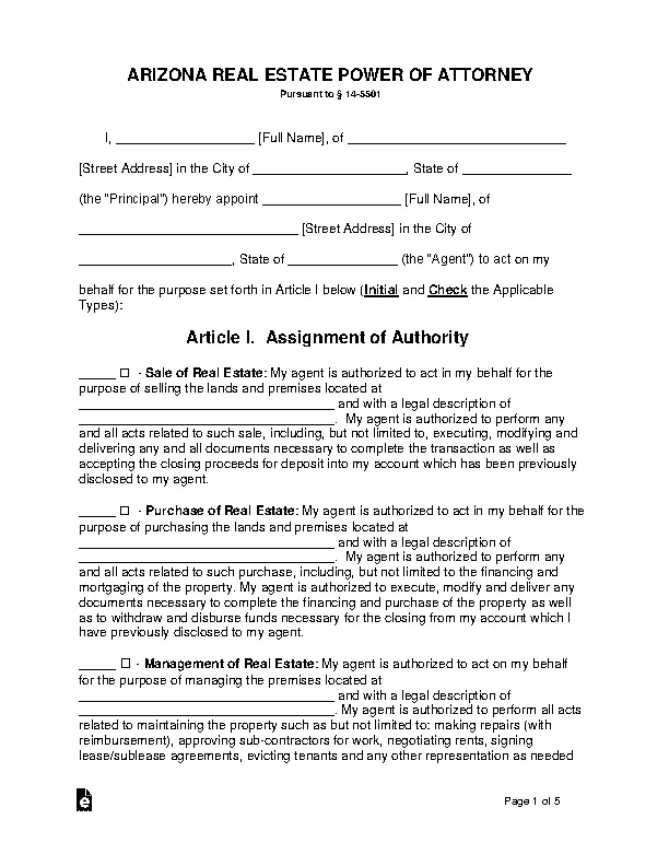 arizona real estate power of attorney form PDFSimpli