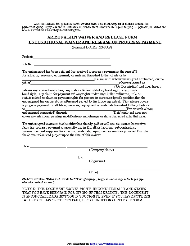 Arizona Unconditional Waiver And Release On Progress Payment