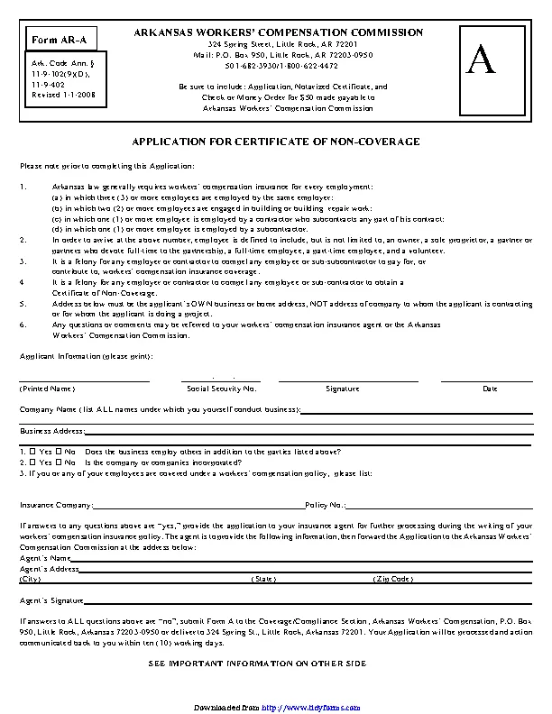 Arkansas Affidavit For Certificate Of Non Coverage Form