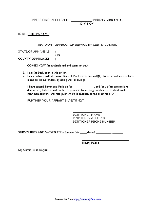 Arkansas Affidavit Of Proof Of Service By Certified Mail Form