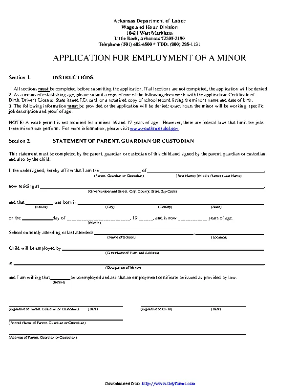 Arkansas Application For Employment Of A Minor
