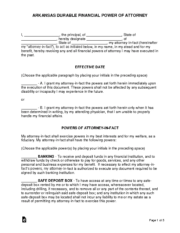 arkansas durable financial power of attorney form - PDFSimpli